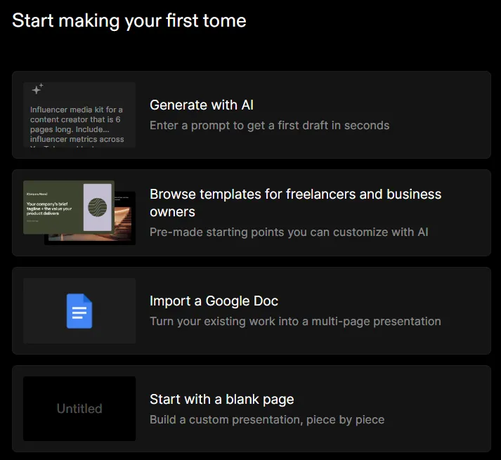 Elevate Your Presentations: A Power User's Guide to Tome AI Presentation 3 how to use Tome AI presentation, Tome AI starting page